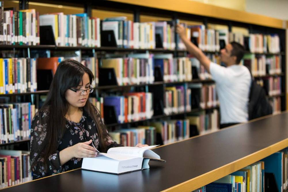 学生 looking through a book at the library