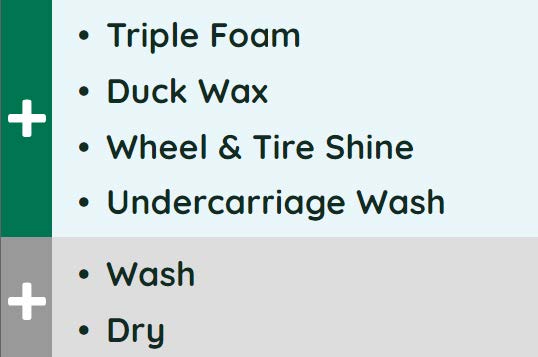 lucky duck details, which includes triple foam, duck wax, wheel & tire shine, undercarriage wash, wash, and dry