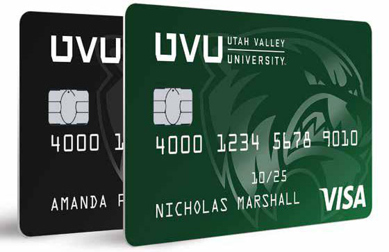 A dark black and a dark green 犹他谷大学 校友 Credit Card with lighter UVU Wolverine logo