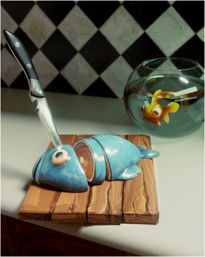 A segmented blue toy fish with a knife on a wooden board next to a fishbowl with an orange fish. 