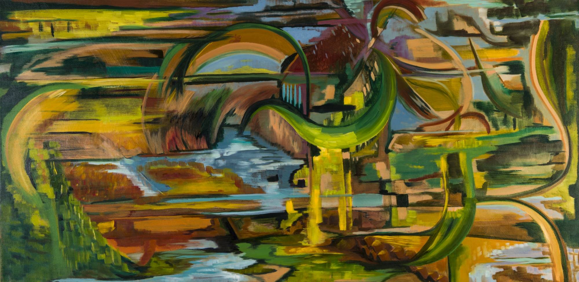 An abstract painting with swirling green and yellow shapes against a background of eathy tones