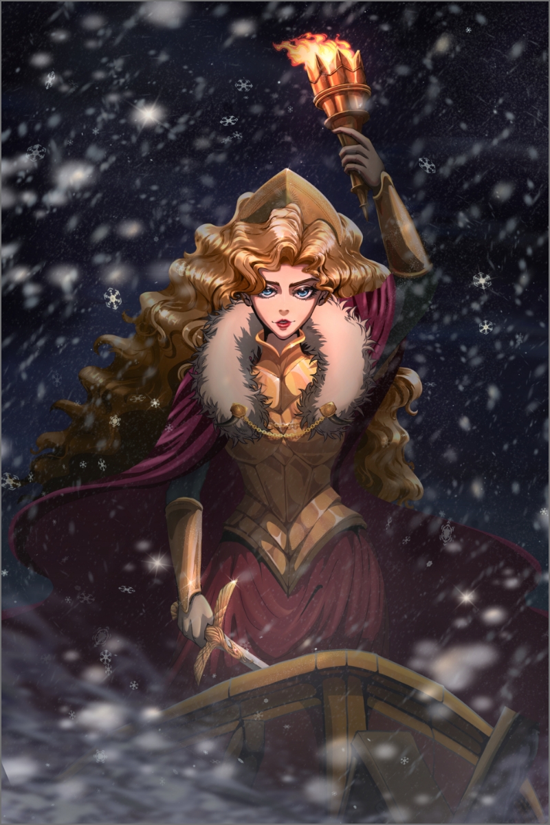 Animated character with torch and sword in a snowy landscape
