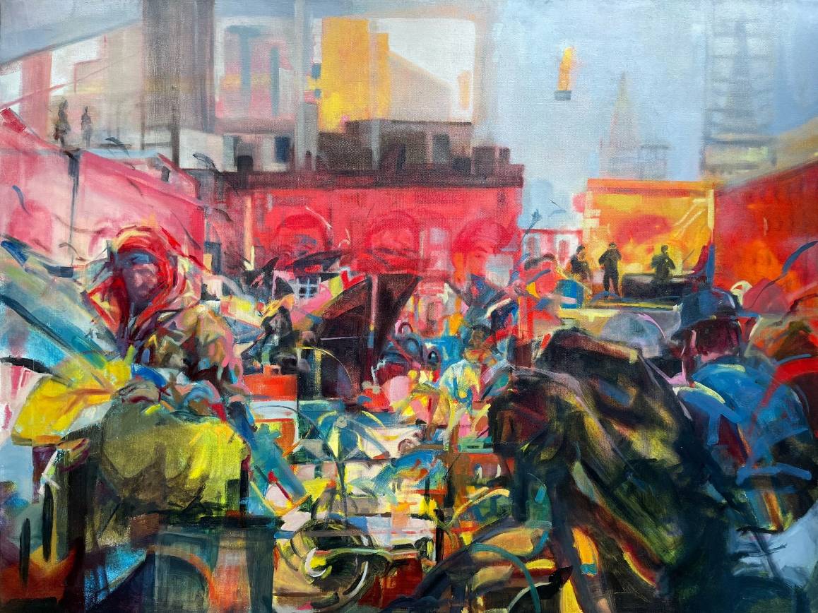 Abstract cityscape painting with vivid colors and figures