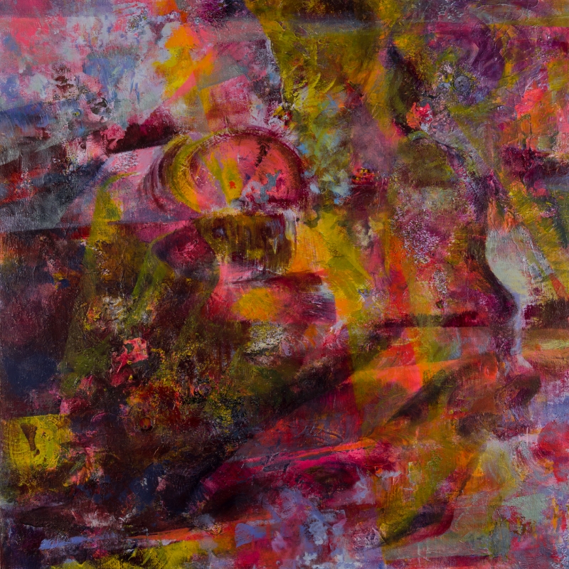 An abstract painting with vibrant colors and swirling patterns, featuring pinks, reds, yellows, and greens with a central circular shape 