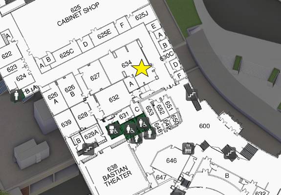 Floor plan showing various rooms with a yellow star marking room 634, near the Cabinet Shop and Bastian Theater.              