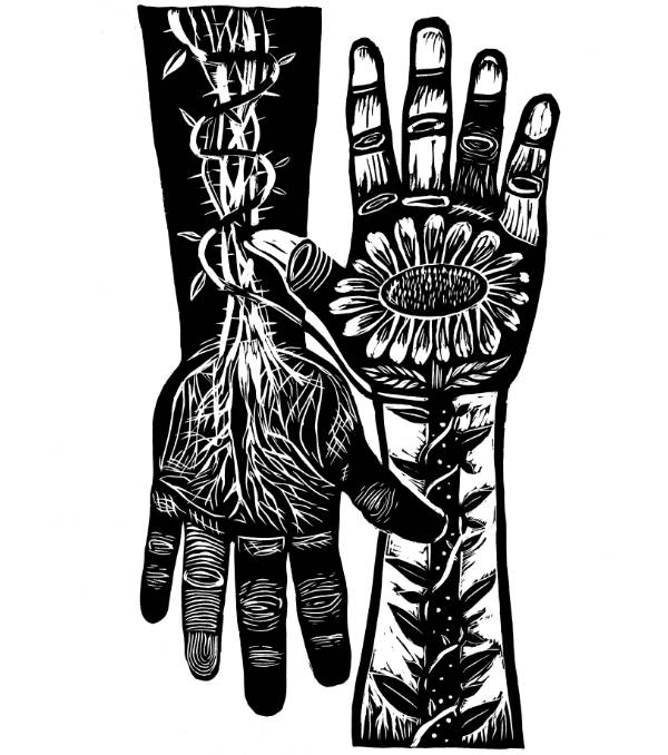 Black and white illustration of two hands with plant and floral designs.              