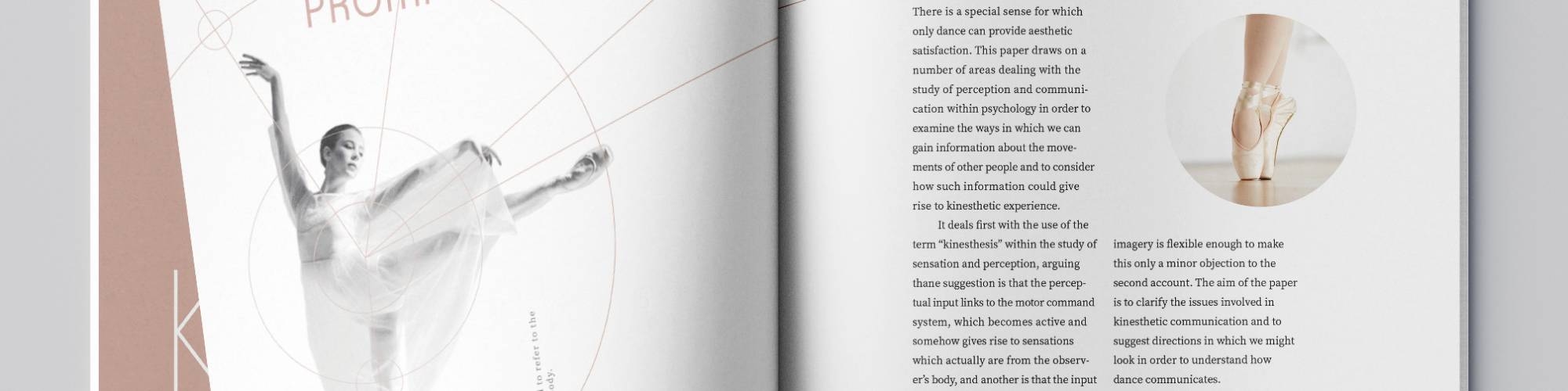Double-page spread featuring a grayscale photo of a dancer and a smaller image of ballet shoes on pointe, with accompanying text.              