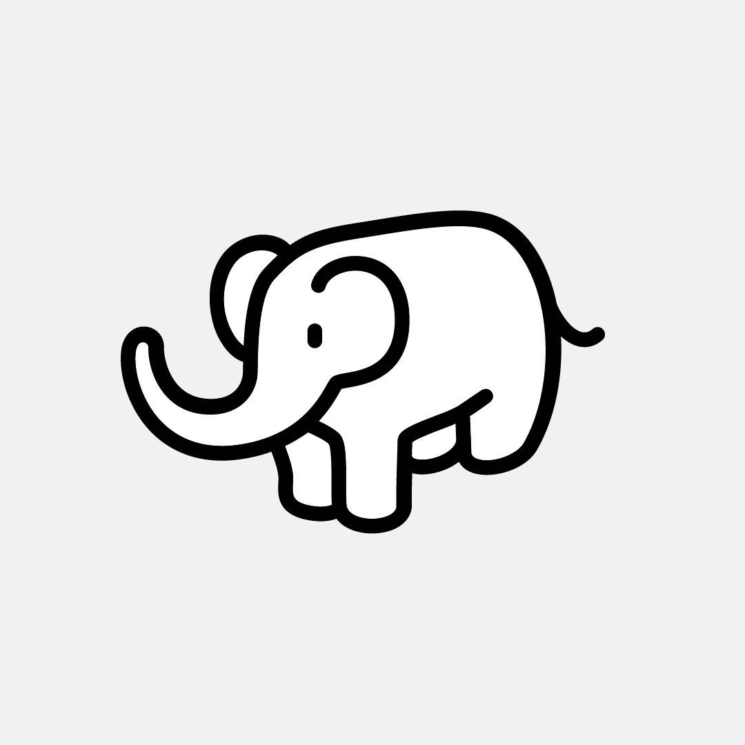 Minimalist black and white illustration of an elephant.              