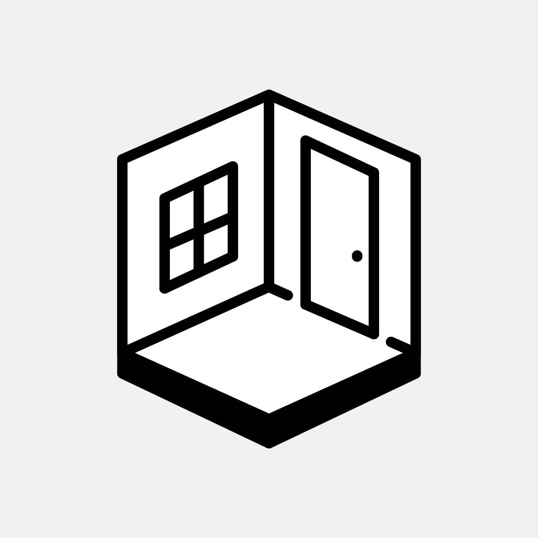 Minimalist isometric illustration of a room with a window and a door.              