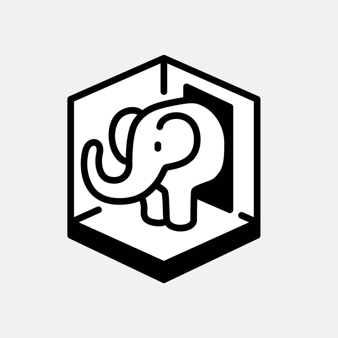 Stylized elephant head in a hexagonal frame.              