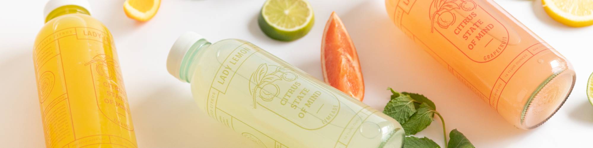 Three bottles of colorful beverages with citrus fruit slices and mint leaves on a white surface.              
