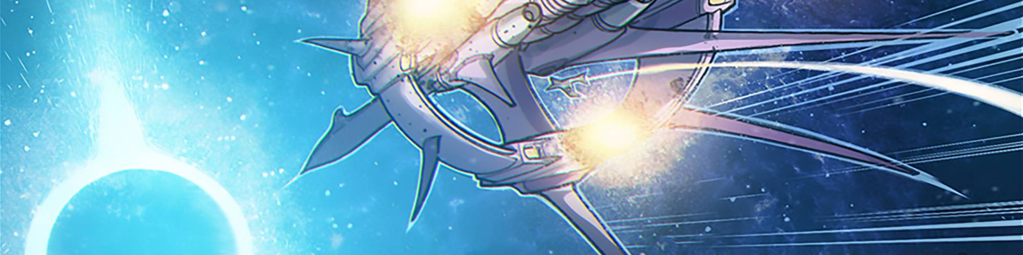 Futuristic spacecraft flying past a glowing celestial body in space.              