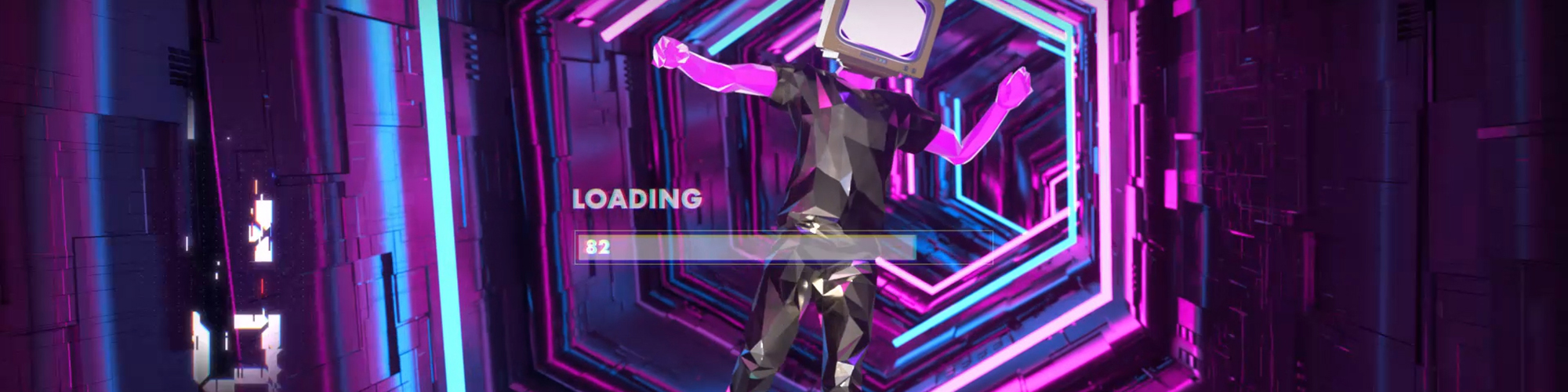 A humanoid figure with a TV screen head in a neon-lit hexagonal tunnel with "LOADING 82" displayed.              