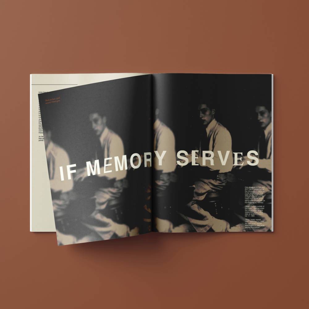 An open magazine spread with the text "IF MEMORY SERVES" over a repeated sepia-toned image of a seated man.              