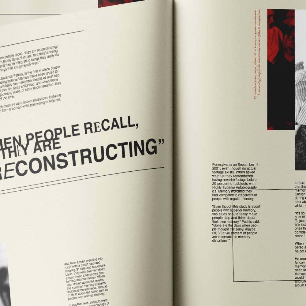 Open book with text discussing memory recall and reconstruction, featuring a bold quote and small photo.              