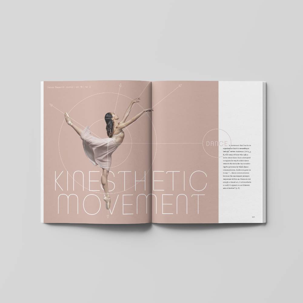 Open magazine spread featuring a dancer and the text "KINESTHETIC MOVEMENT."              