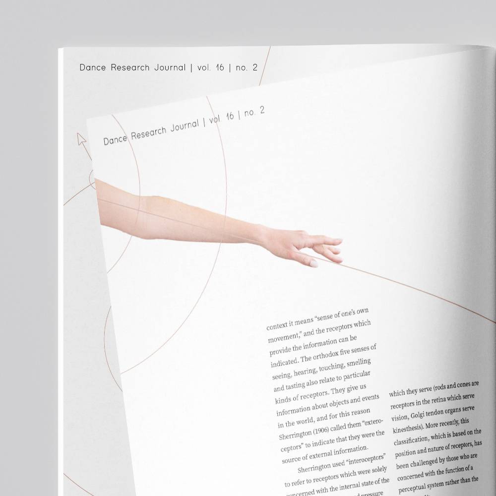 Cover of the Dance Research Journal, vol. 16, no. 2, featuring an extended arm and minimal design elements.              