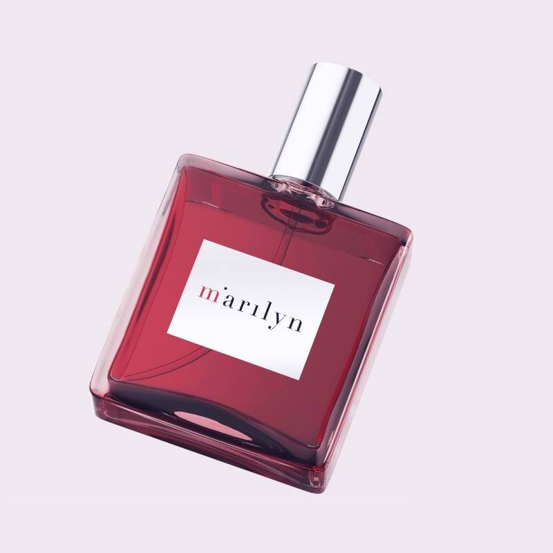 A rectangular perfume bottle with deep red liquid and a silver cap, labeled "marilyn."              