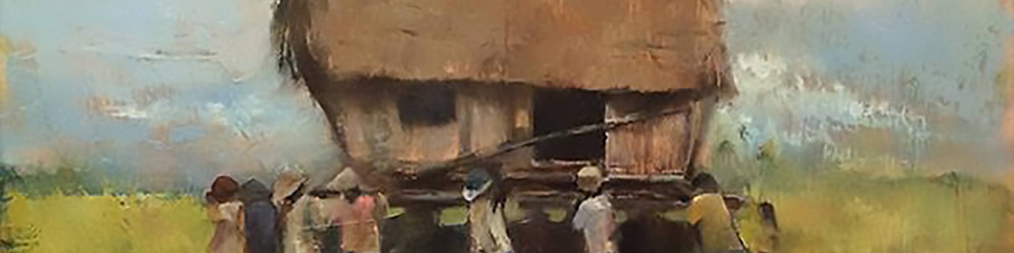 People gathered arounod a thatches roof hut on stilts in a rural setting
