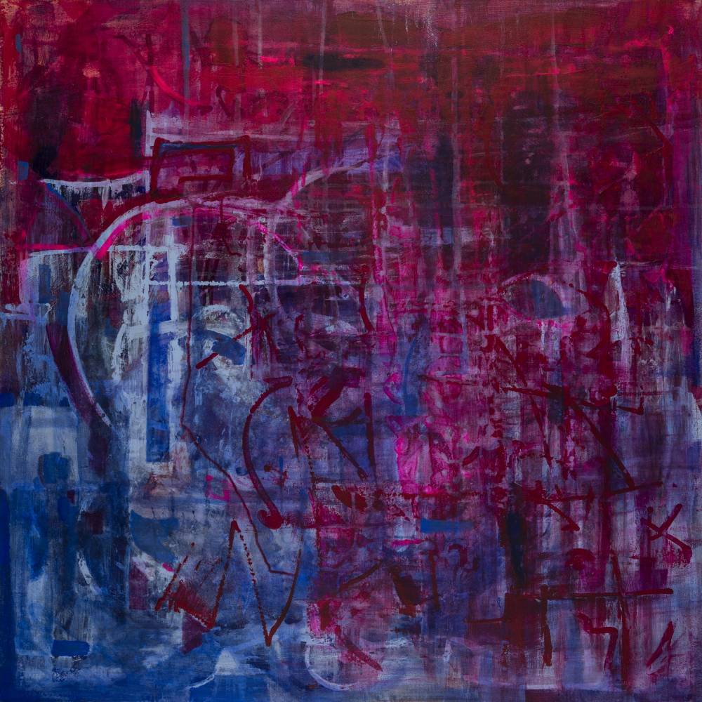 Abstract painting with maroon, purple, and blue tones in a layered texture.              