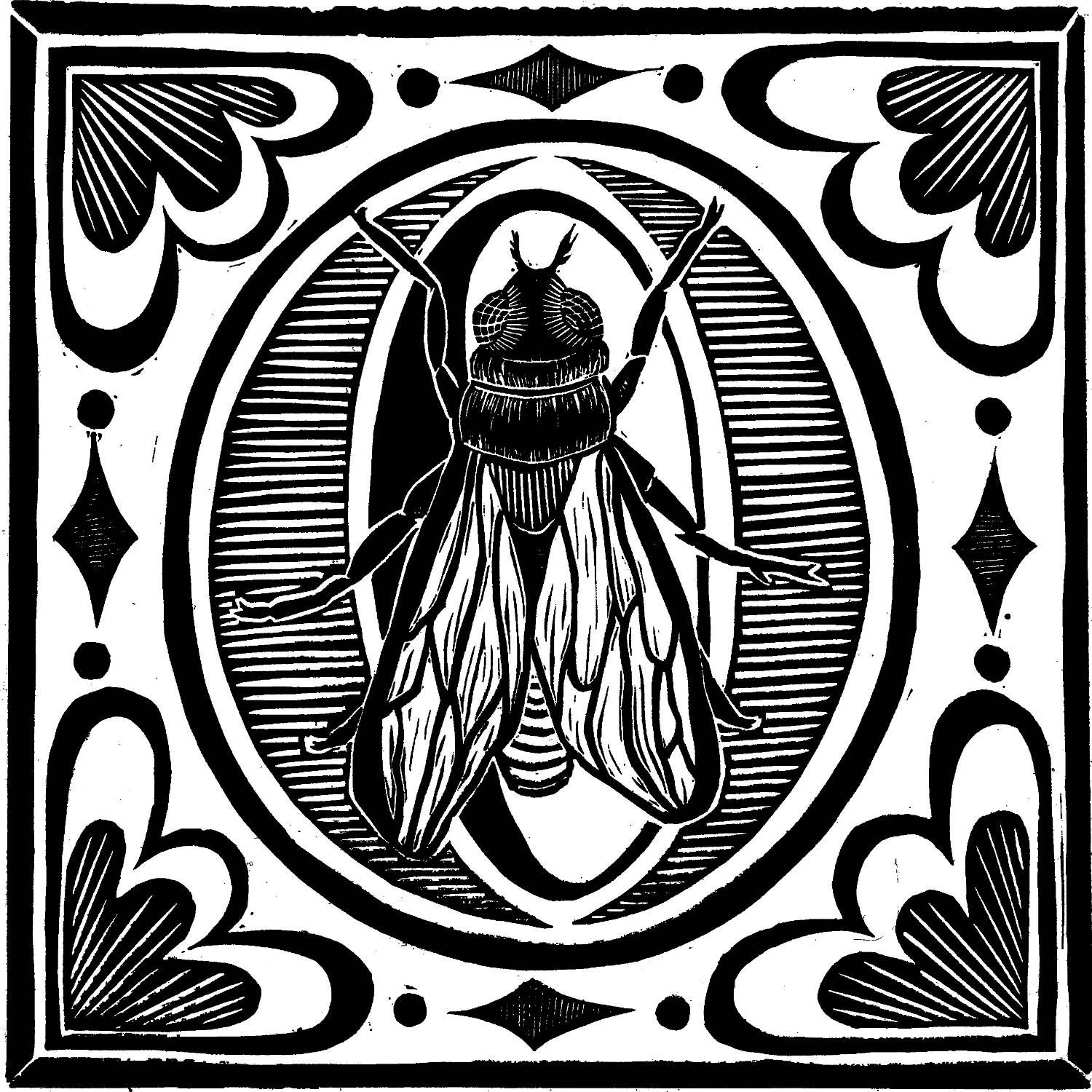 A black and white illustration of a fly with an ornate background featuring heart and diamond shapes.              