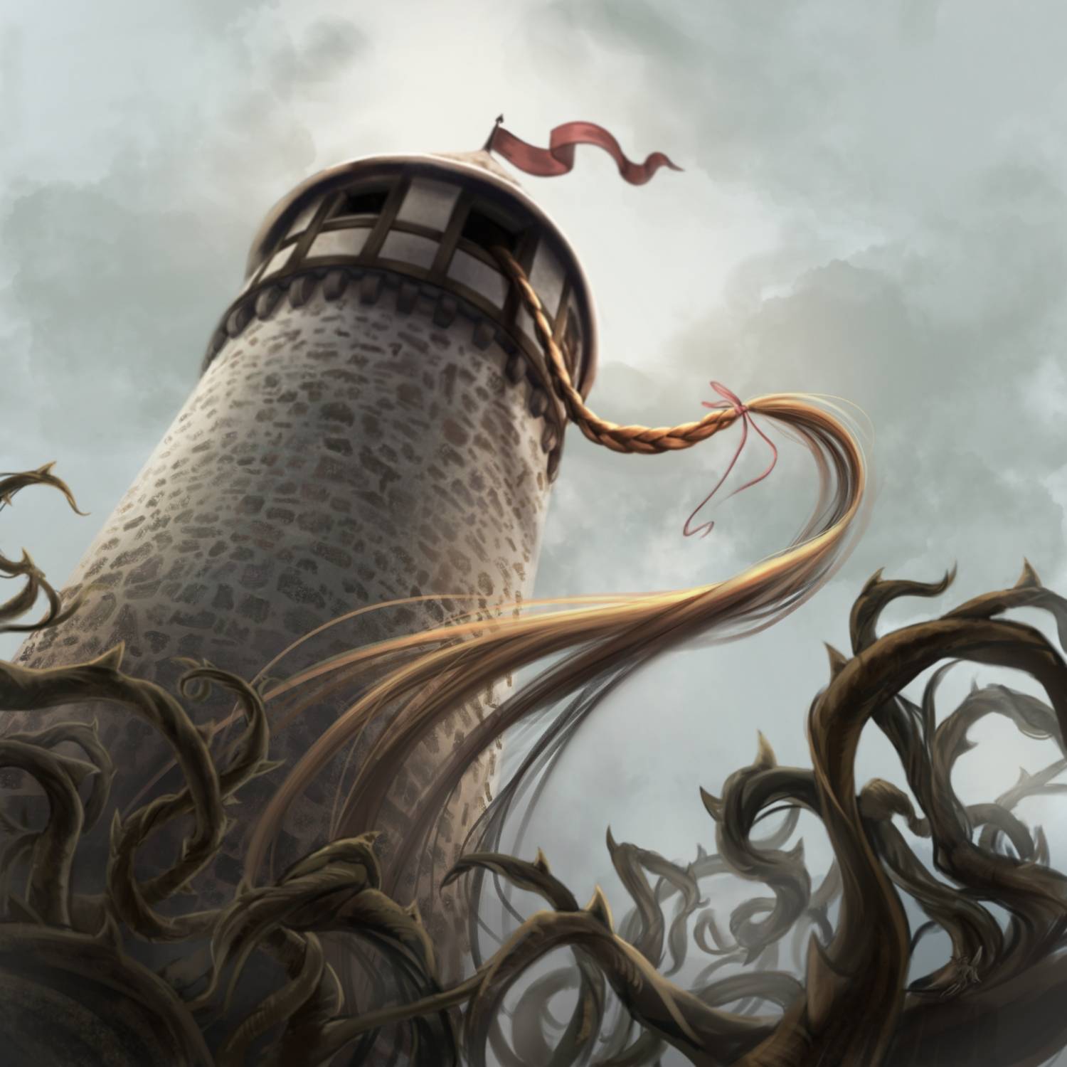 A tall stone tower with a braid hanging from a window, surrounded by twisting vines against a cloudy sky.              
