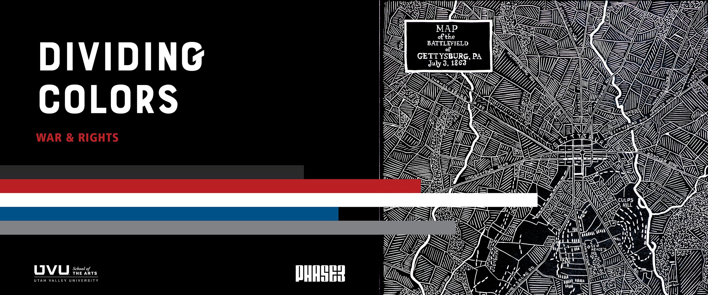A split image with text on a black background on the left and a detailed black and white map of Gettysburg on the right.              