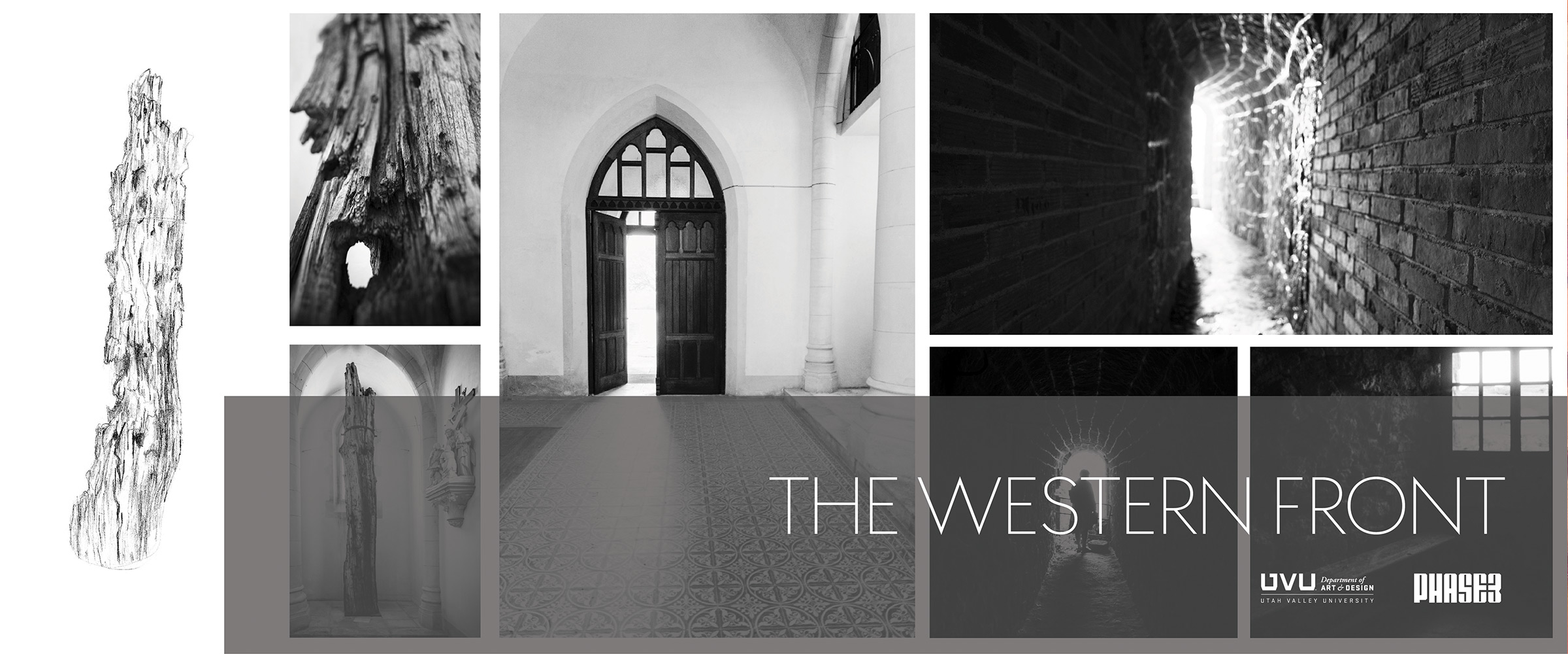 Collage of black and white photos with a tree trunk, doorways, a brick corridor, and "THE WESTERN FRONT" text.              