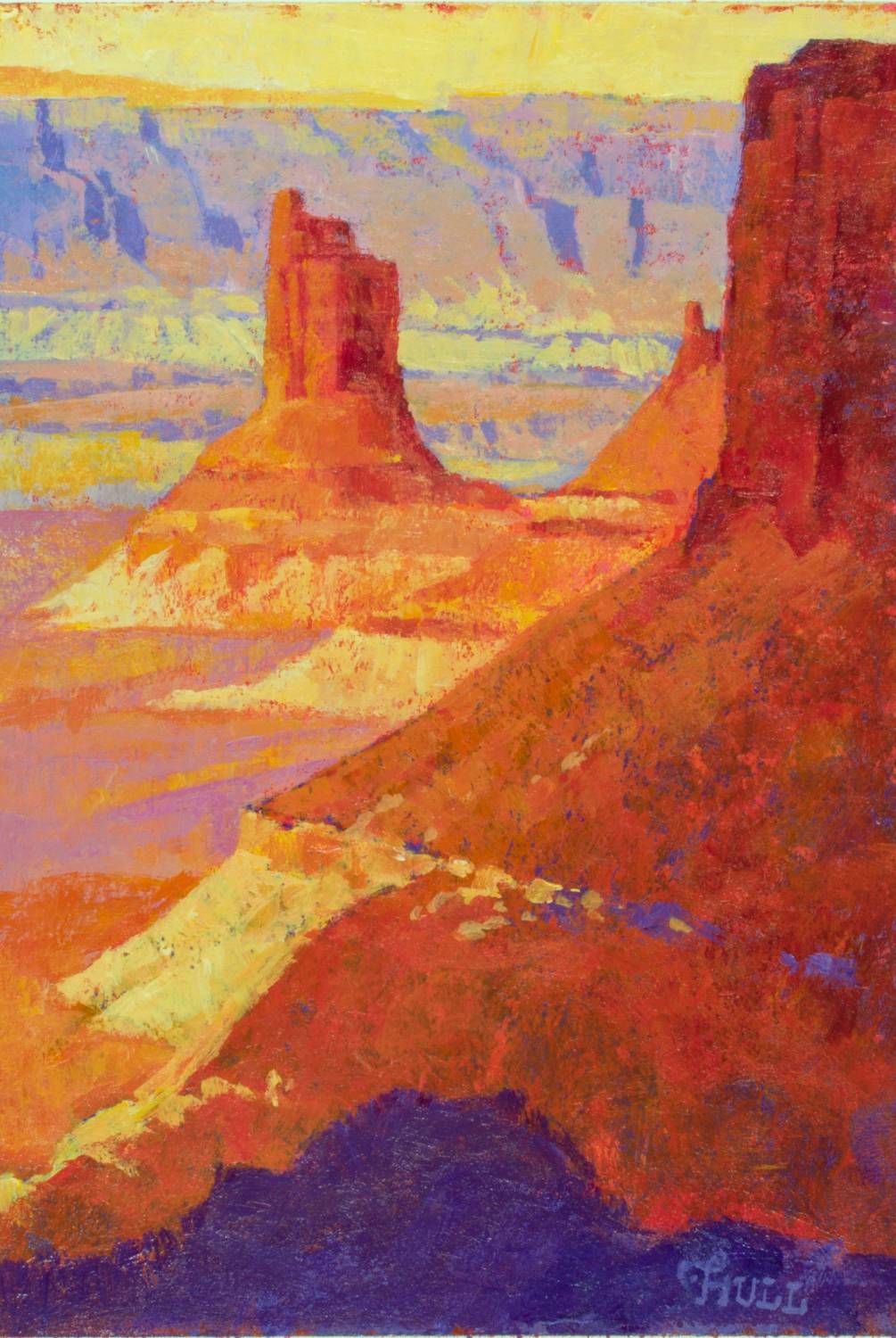 Impressionistic painting of a desert landscape with red and orange rock formations against a pastel yellow and purple sky.              