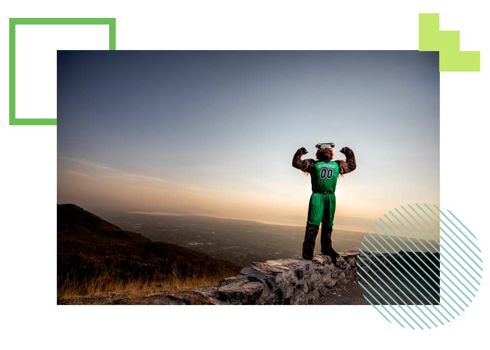 uvu mascot on a mountaintop