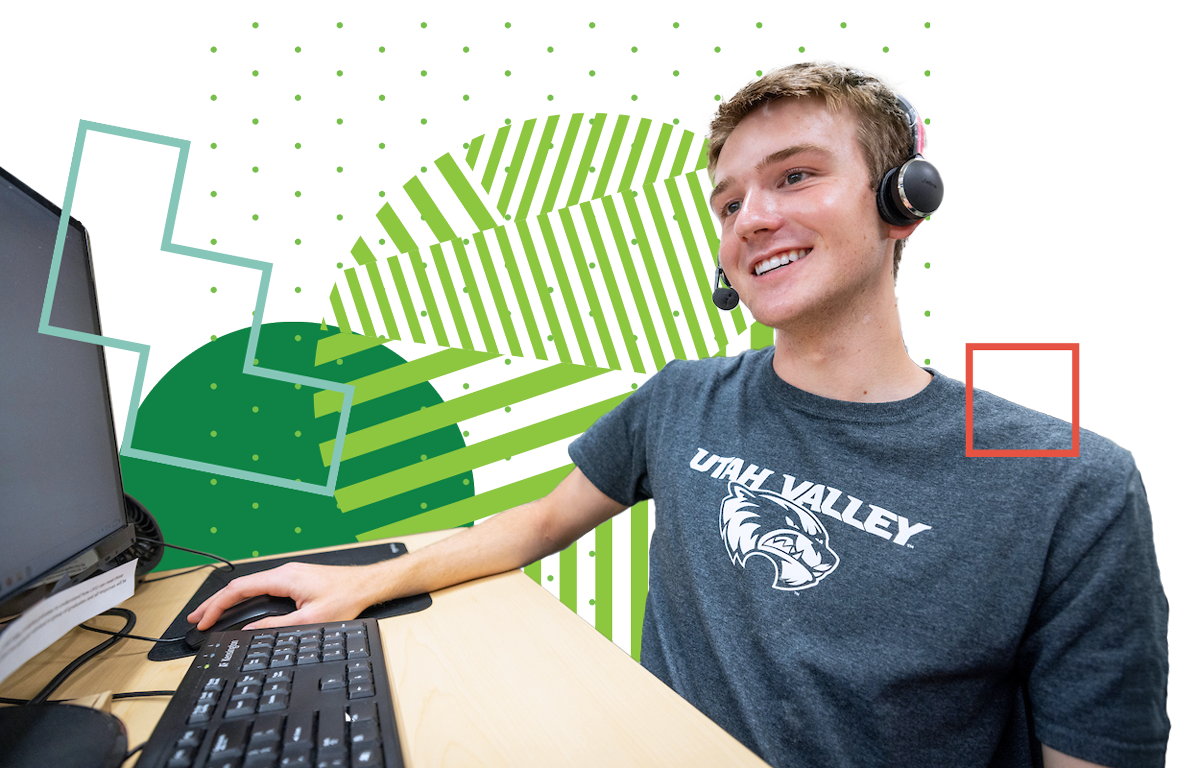 Man wearing a UVU shirt and microphone headset at a computer. The image is embellished with decorative graphic elements.