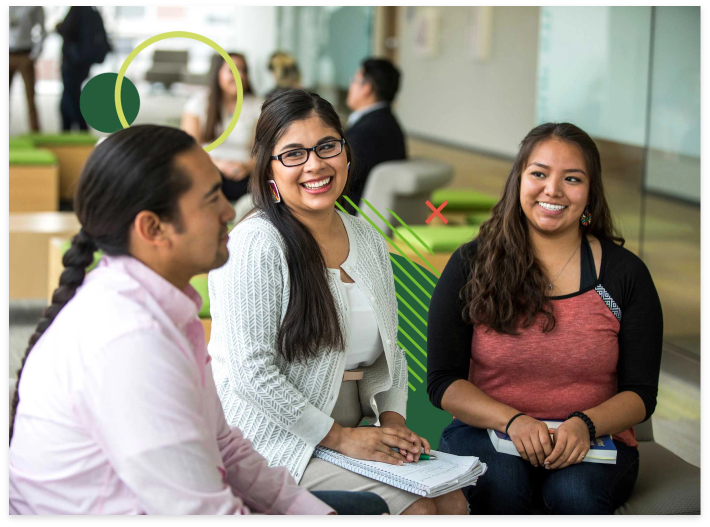 Two female and one male Native American students sitting together. The image is embellished with colorful graphic elements.