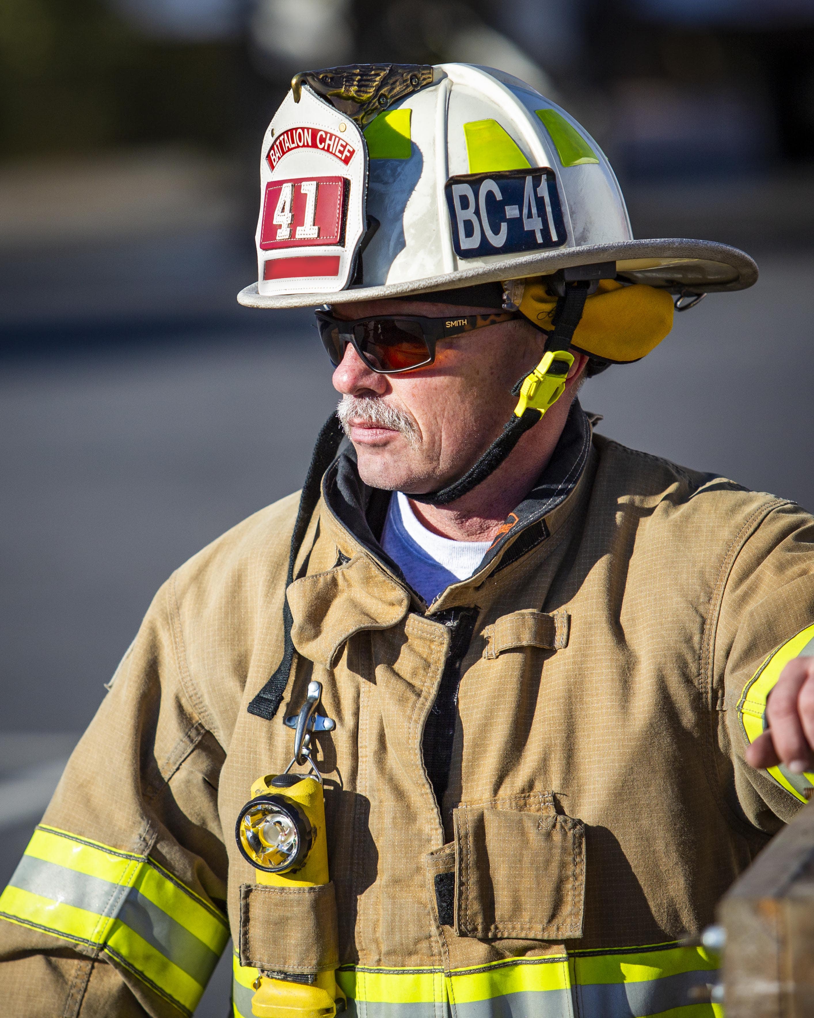 Fire chief in turnout uniform and helmet