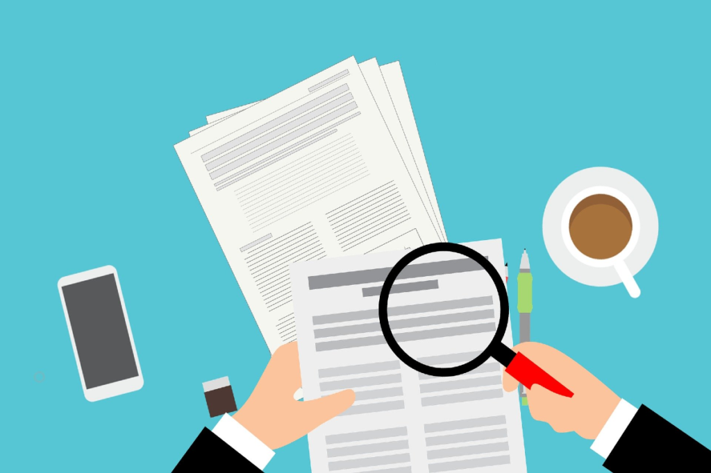 Illustration of documents being inspected with a magnifying glass
