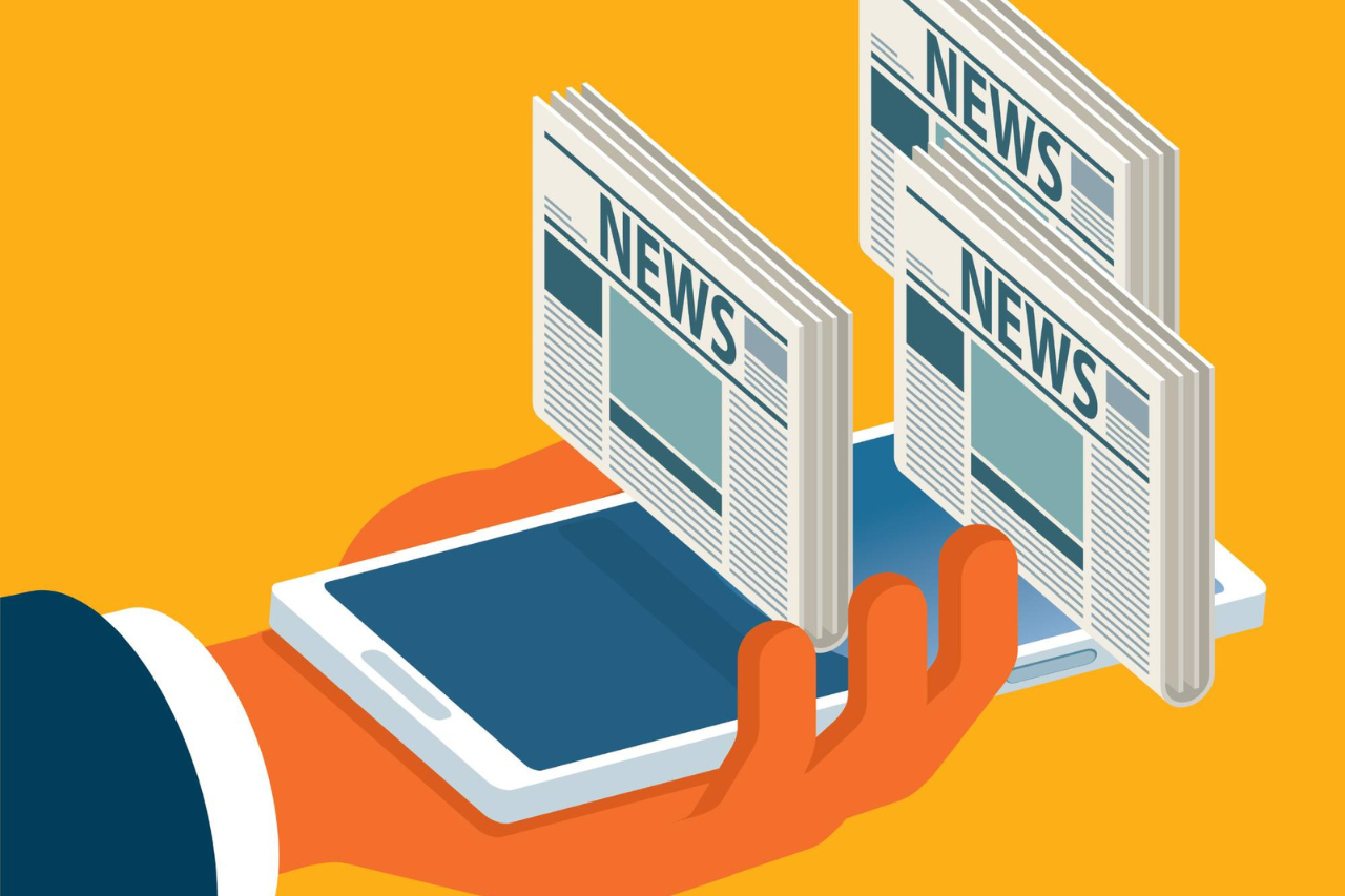 Cartoon-style image with news papers floating over a smart phone