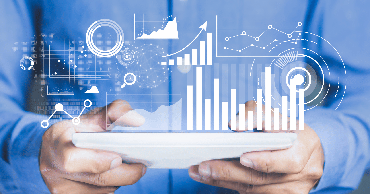 man holding a tablet with icons floating above