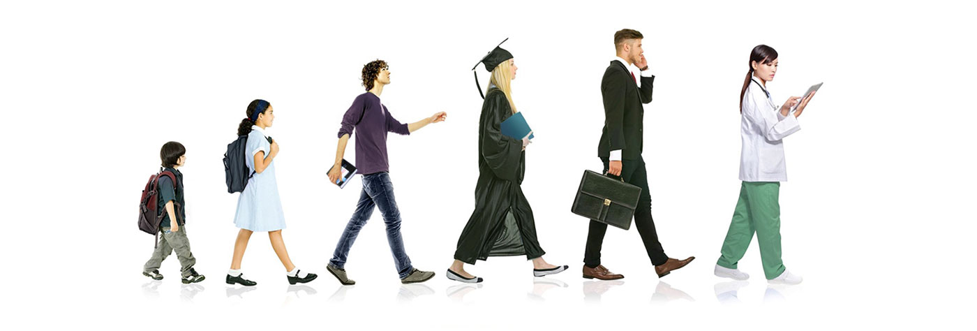 学生s walking through life spanning elementary age through careers.