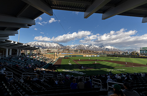 UCCU Ballpark baseball field shady bleacher view.