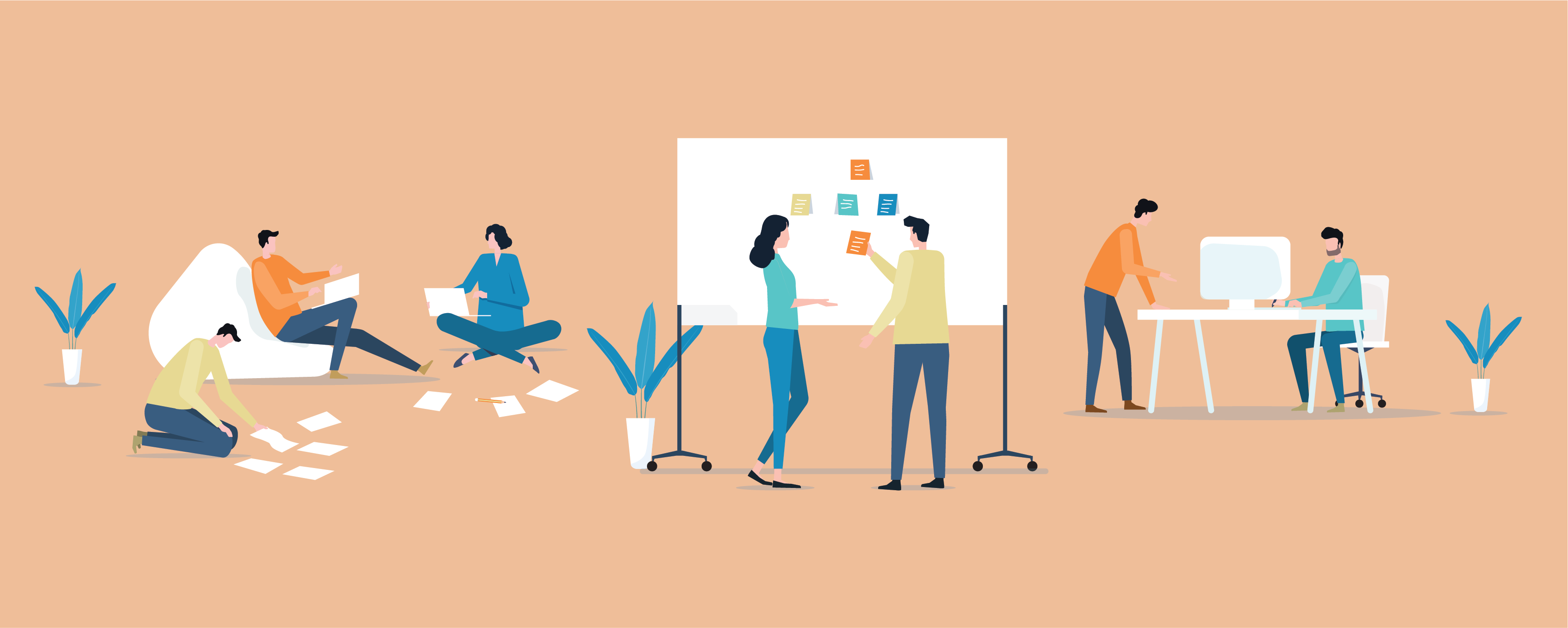 Various figures working in groups