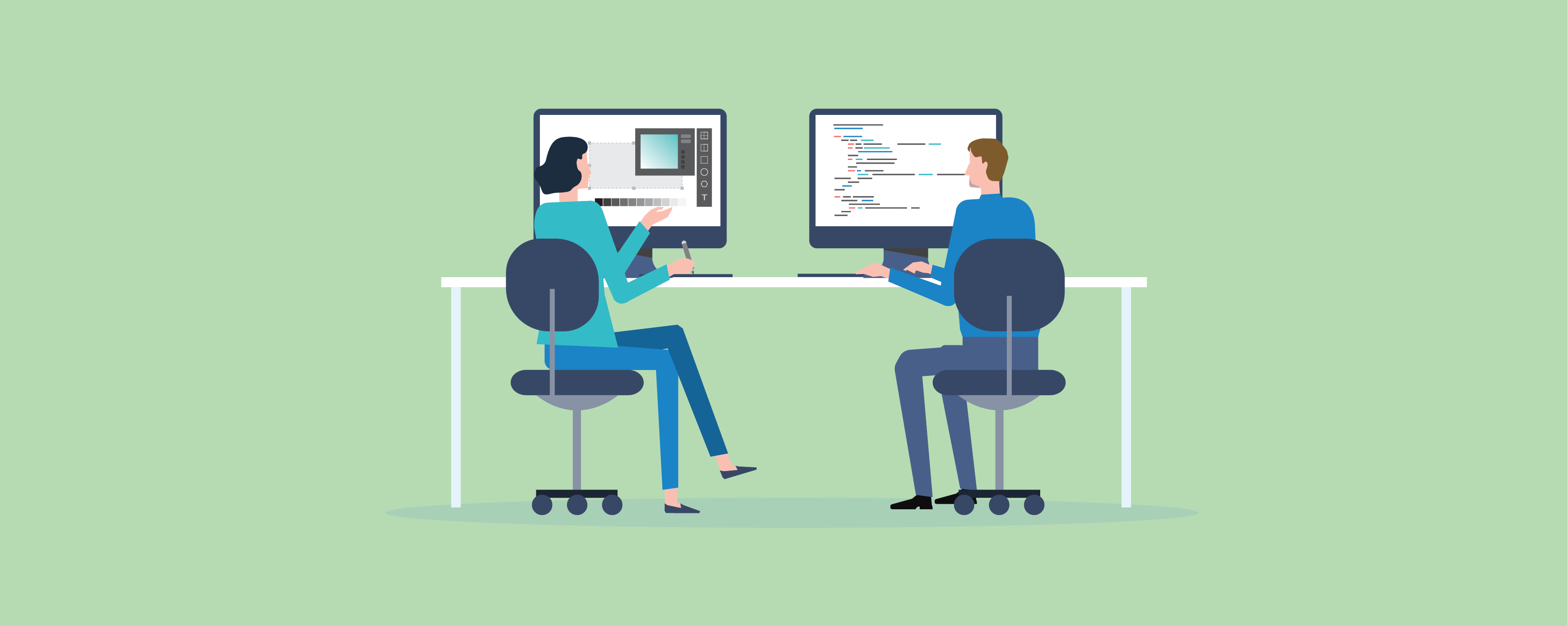 Two figures at computers with data on screen