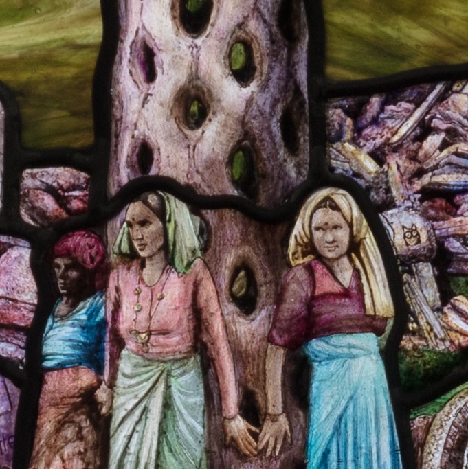 Roots of Knowledge panel depicting people surrounding and protecting a tree.